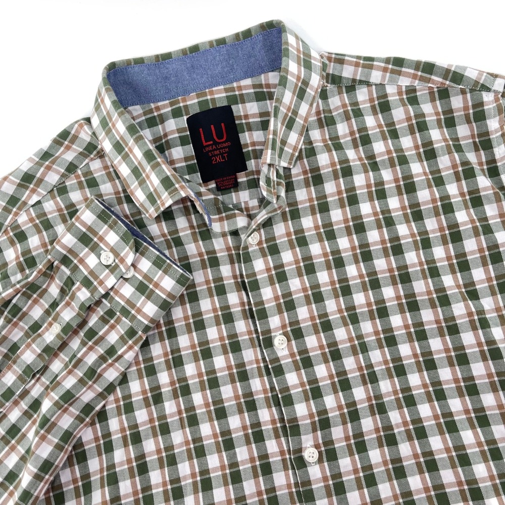 LU Linea Uomo Mens 2XLT Stretch Plaid Button Down Shirt Long Sleeve Green Brown
